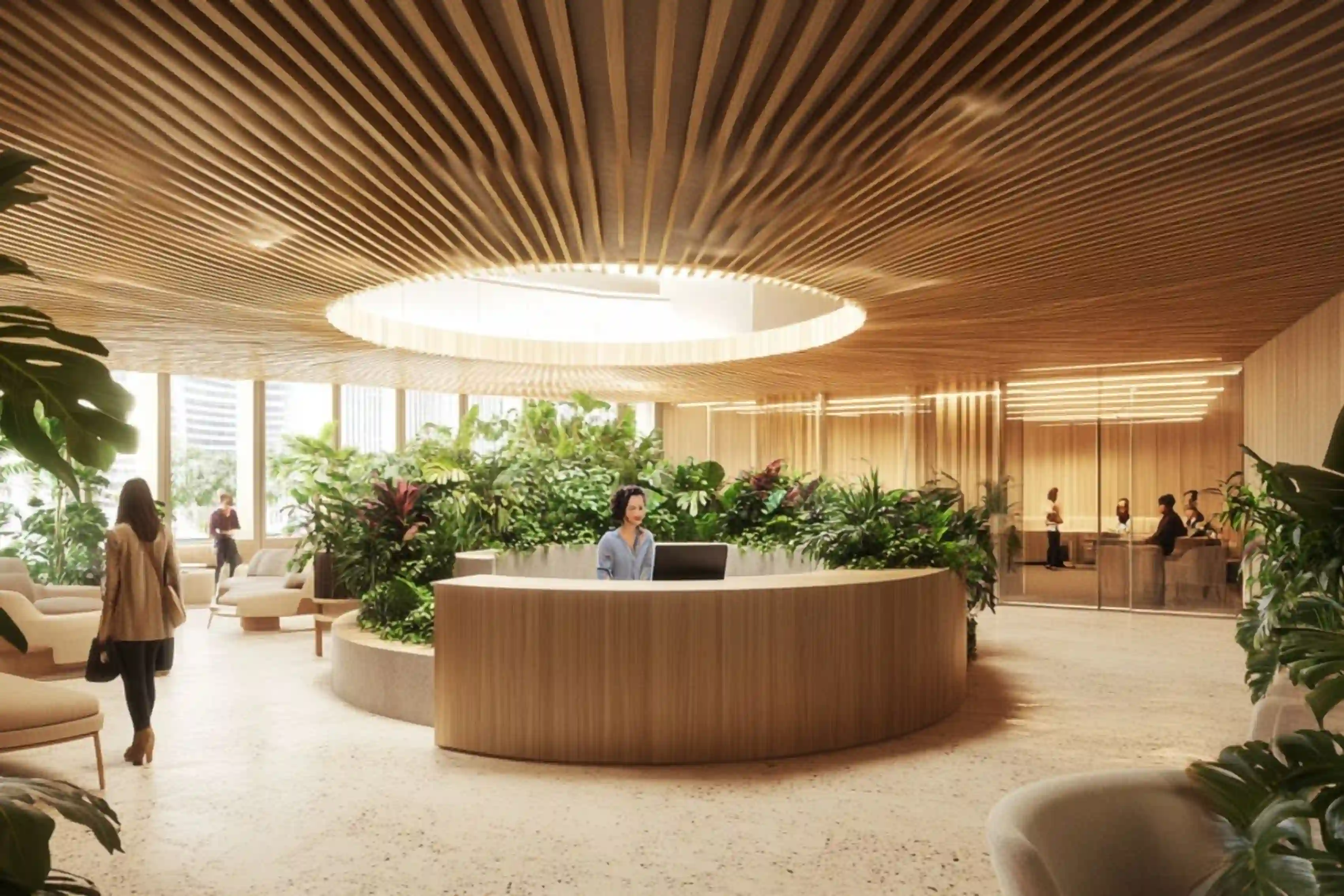 Ziggurat Corporate Project - Main reception with circular light fixture and wraparound wood desk - AiSpaces.webp